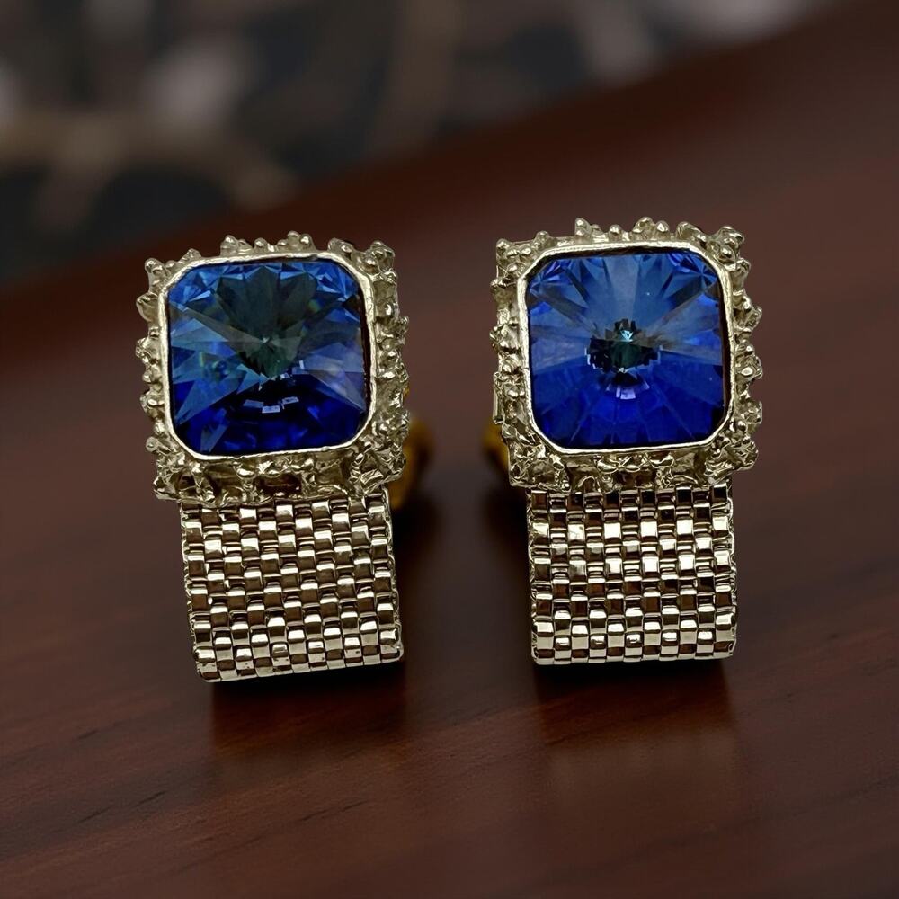 Vintage Sapphire Blue Rivoli Crystal Wraparound Mesh Cufflinks Silver Tone